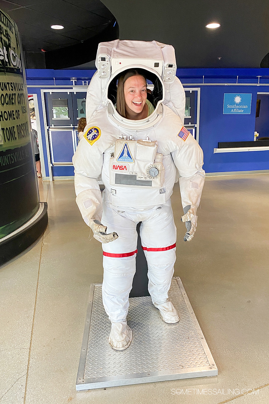 Woman's face in a white space suit at a NASA museum in Huntsville, Alabama.