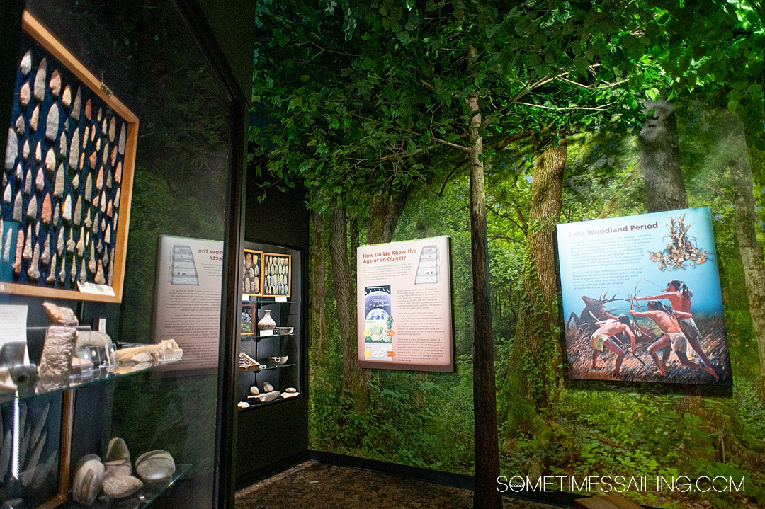 Inside a museum with Native American artifacts during a Tennessee River cruise.