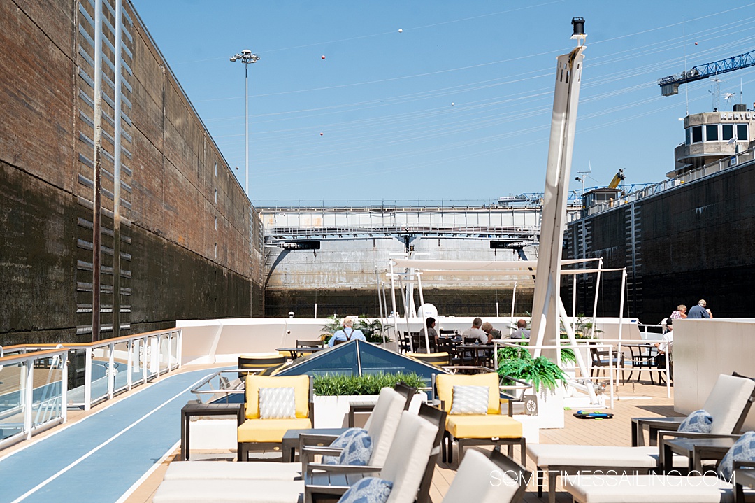 Top deck of American Serenade river cruise ship in an industrial lock on the Tennessee River.