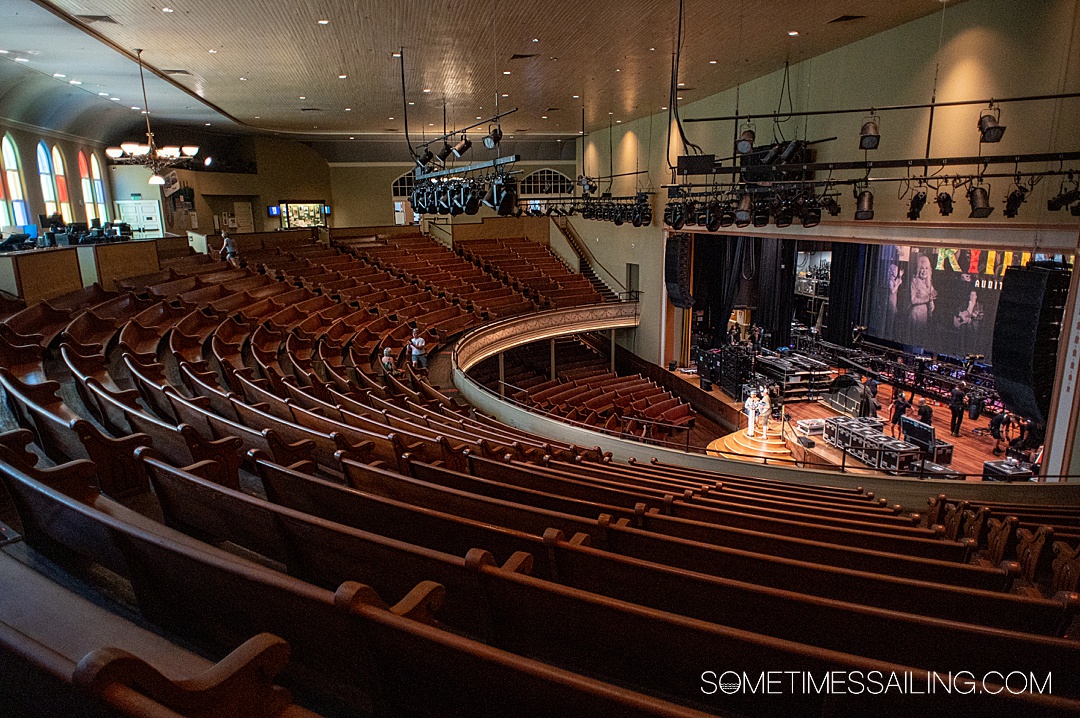 Inside the Ryman Auditorium during a Tennessee River cruise tour in Nashville.