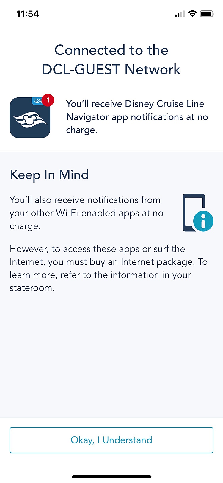 Screenshot of the Disney Cruise Line Navigator app in-app Wi-Fi connection.