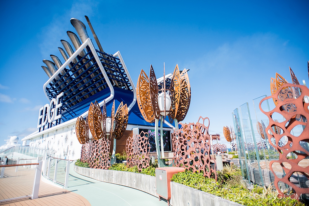 Celebrity Edge cruise ship stack in Alaska with its iconic rooftop garden.
