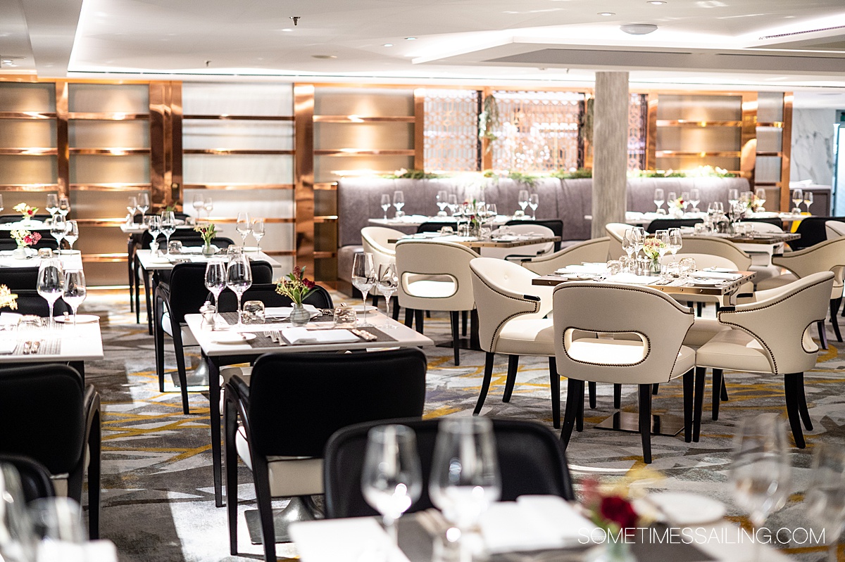 Black and white interior finishes at the Waterside Restaurant on Riverside Cruises ship Mozart.