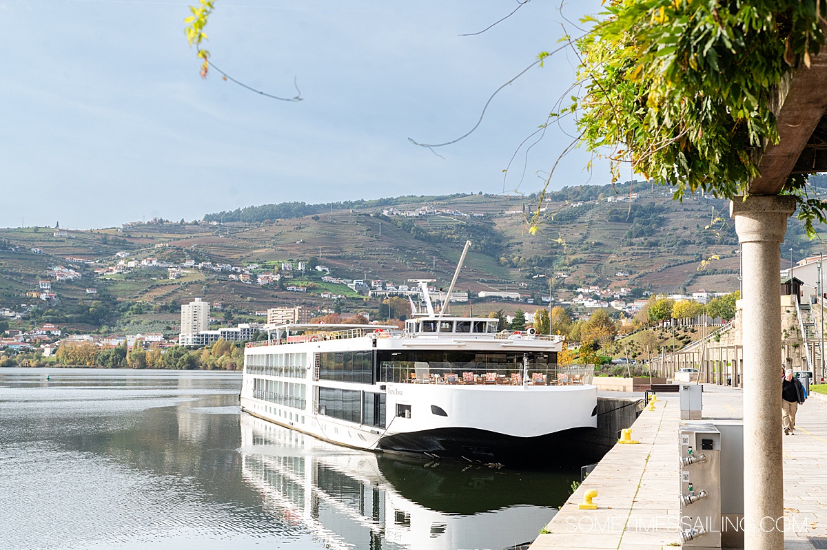 Viking Torgil river cruise ship in the water with greenery on top.