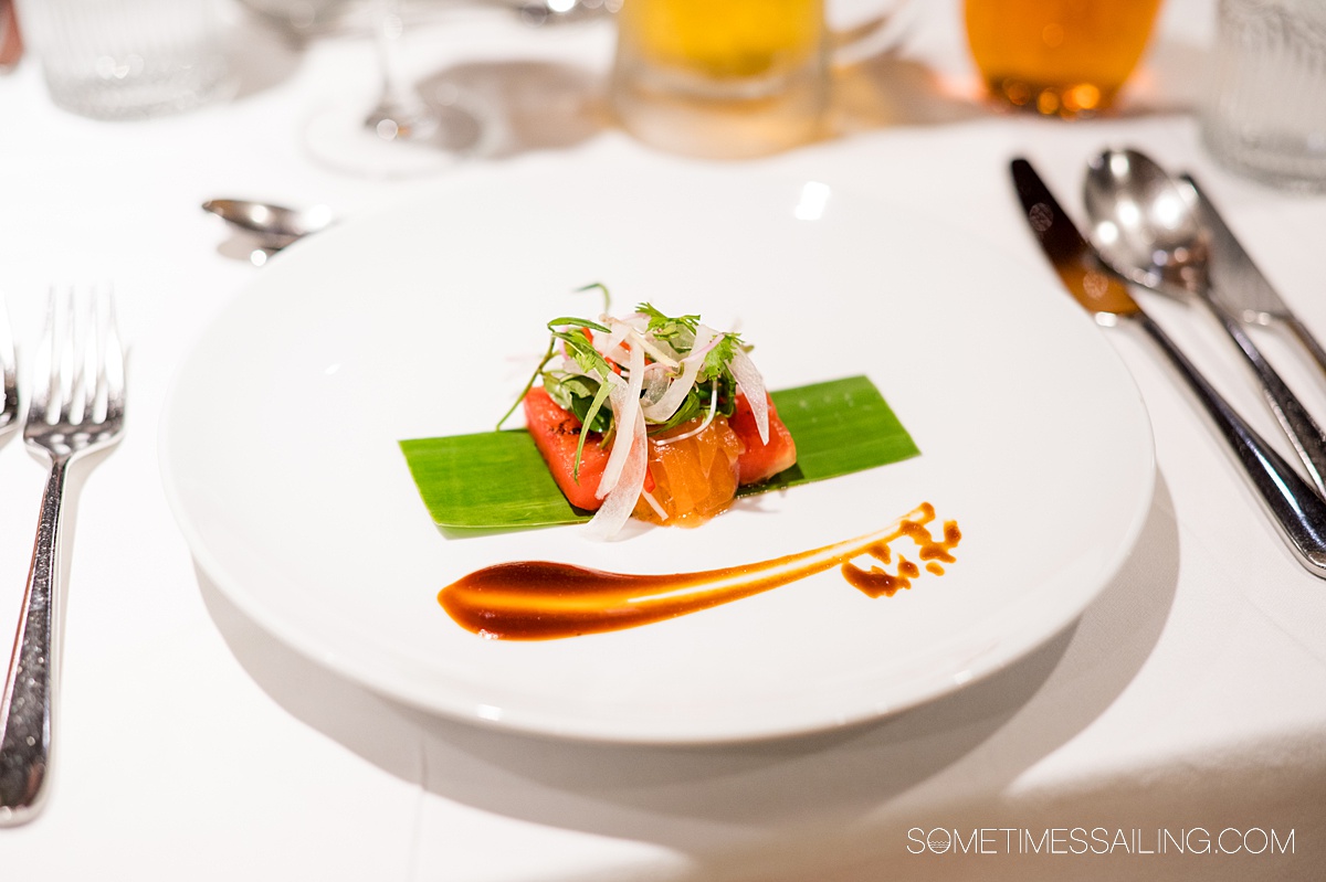 Plate with food on a Mekong River cruise in Cambodia and Vietnam, with Asian dishes.