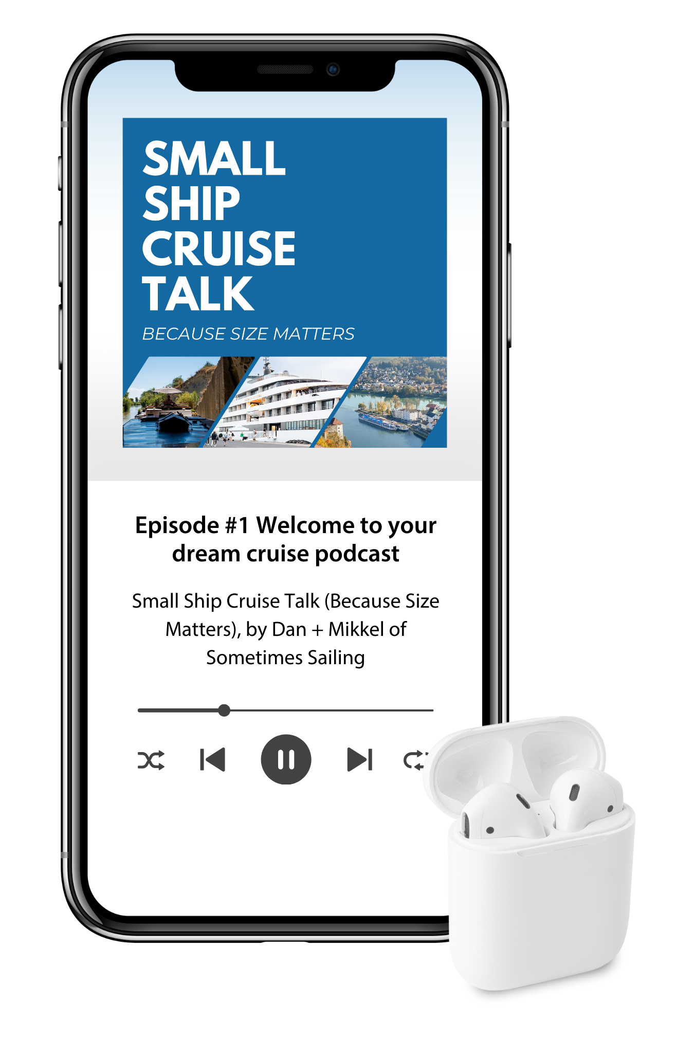 Small Ship Cruise Talk iPhone mockup with AirPod headphones