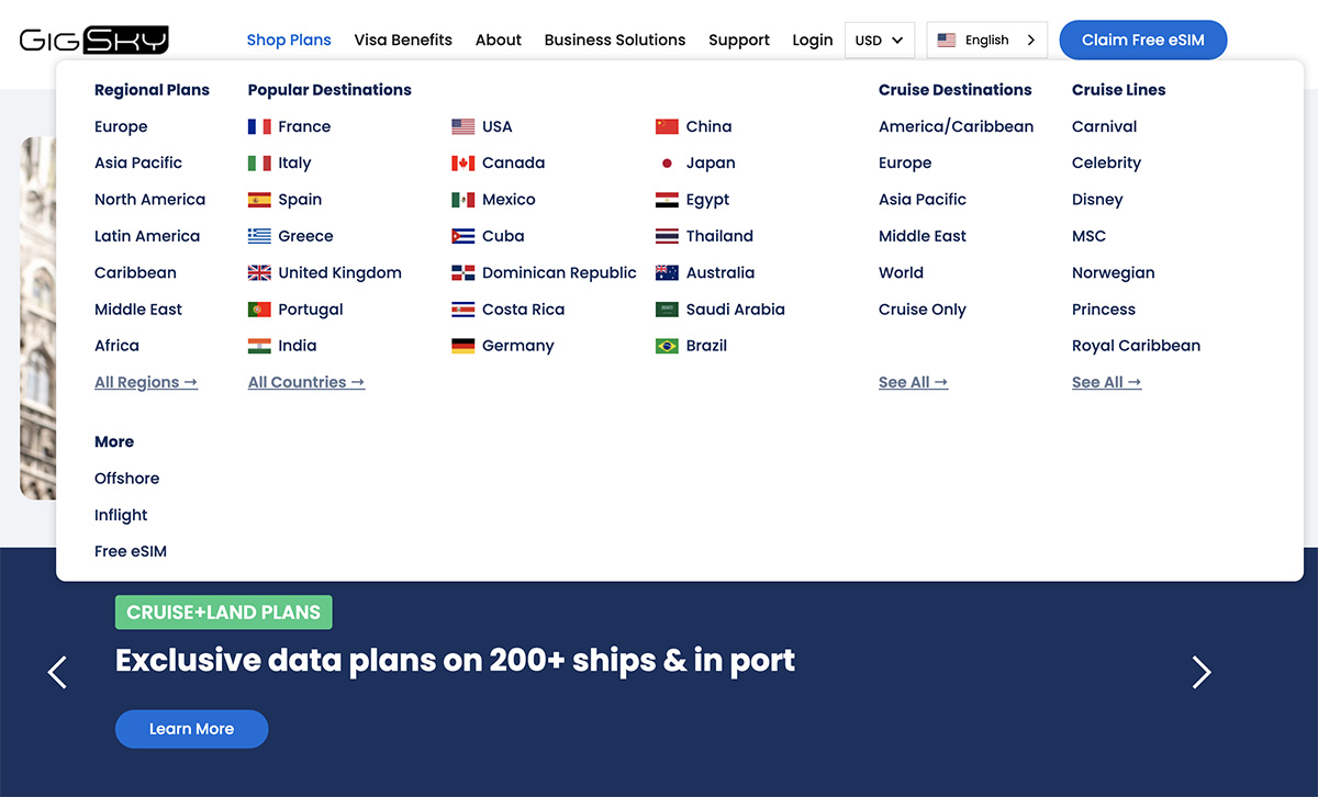 GigSky screenshot for where the plan works and in what countries.