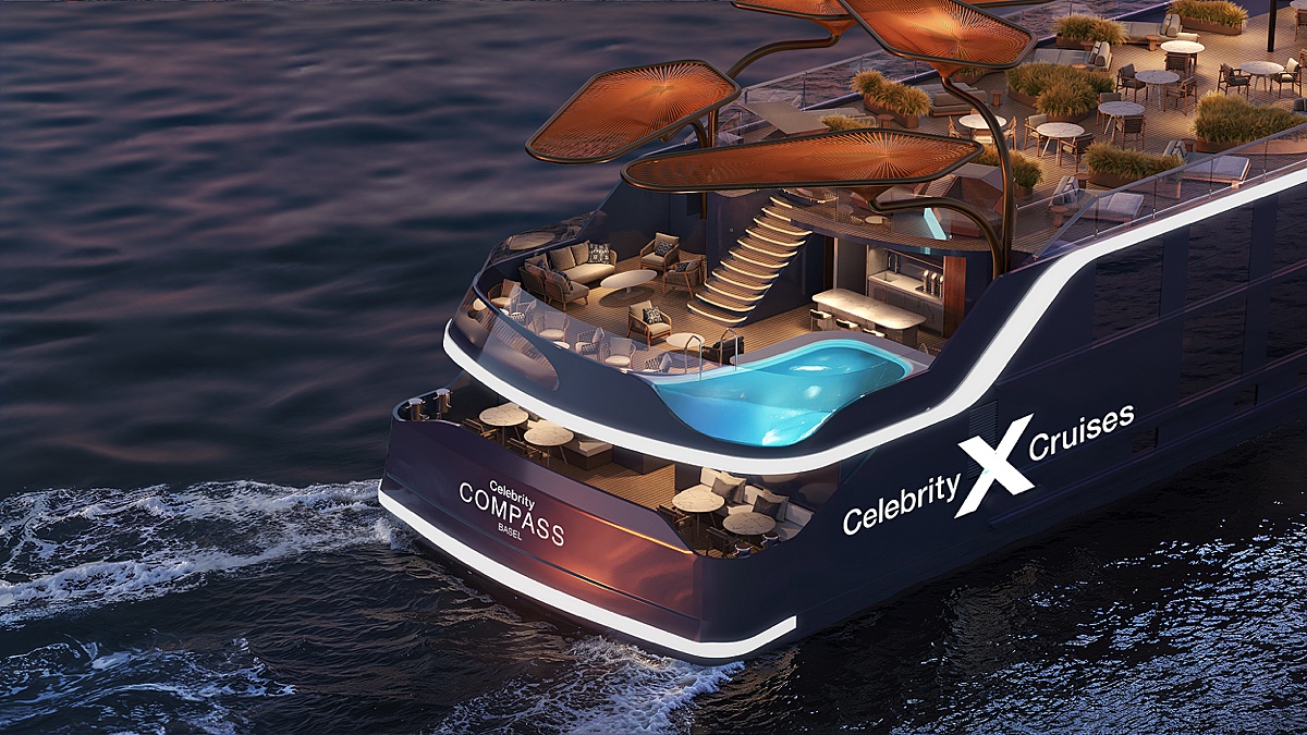 Celebrity Compass aft rendering with a view of the aft and plunge pool.