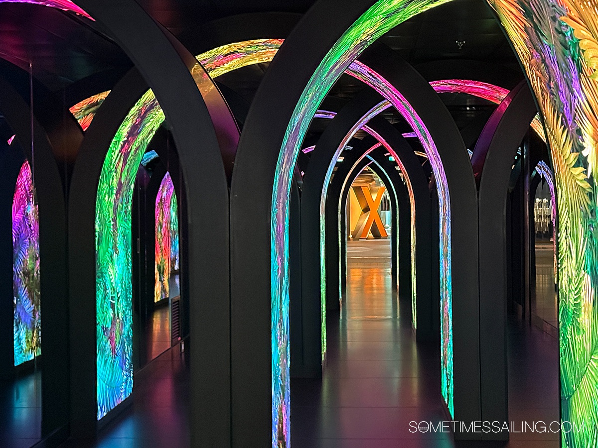 Dark walk through with colorful arched screens and a large orange "X" at the end on Celebrity Xcel.