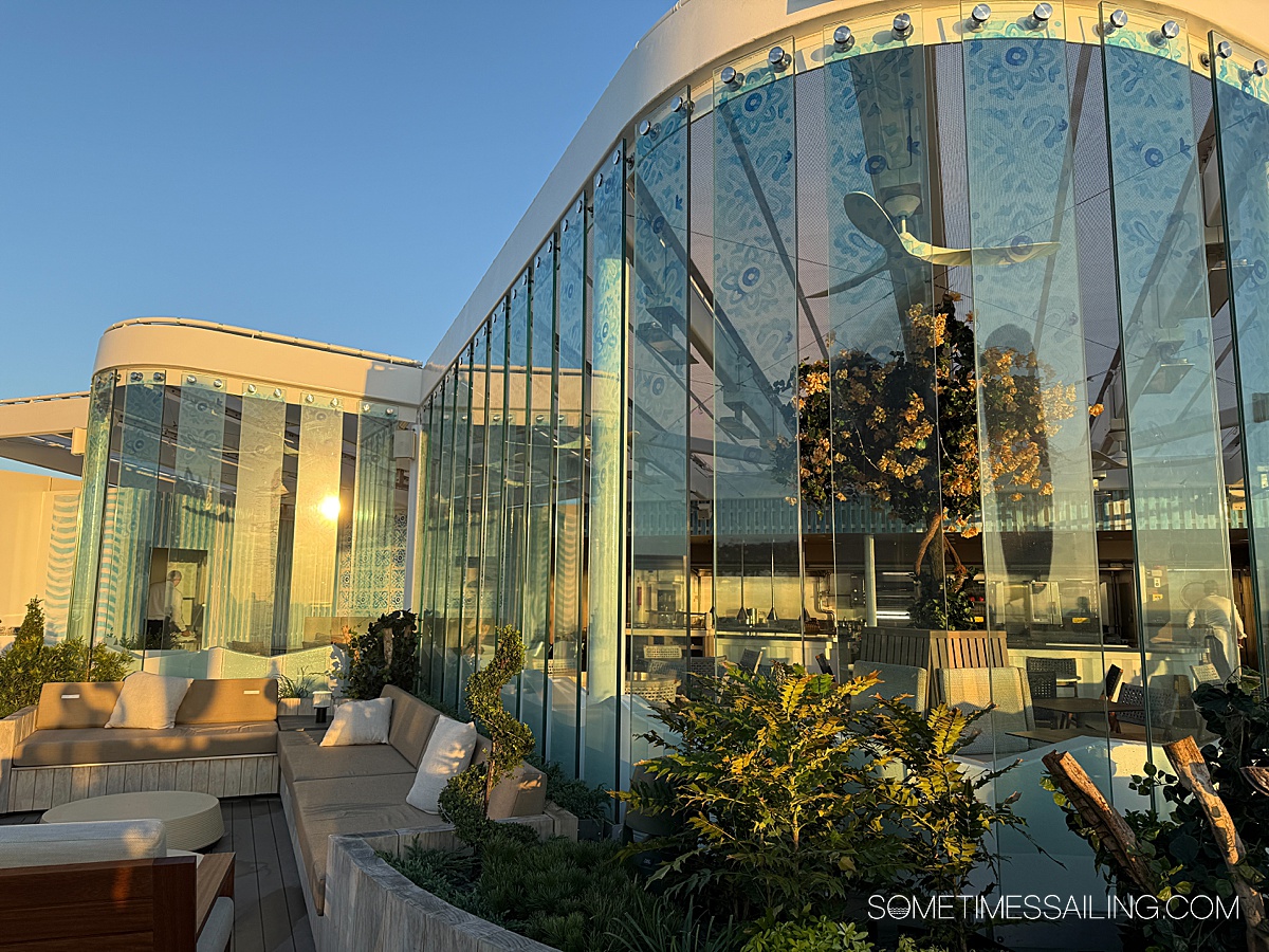 Bora restaurant with glass enclosure on the outdoor top deck of Celebrity Xcel.