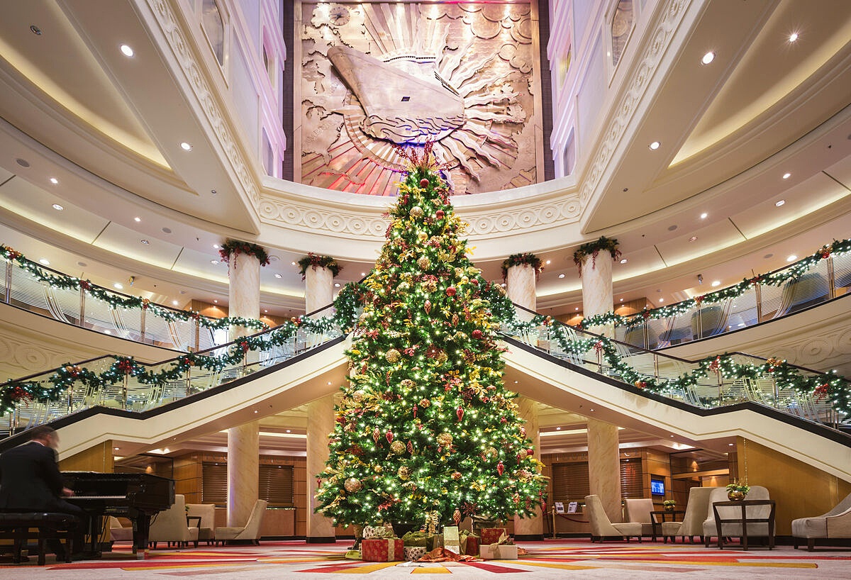 The Christmas tree in the Grand Lobby on board Cunard's Queen Mary 2
