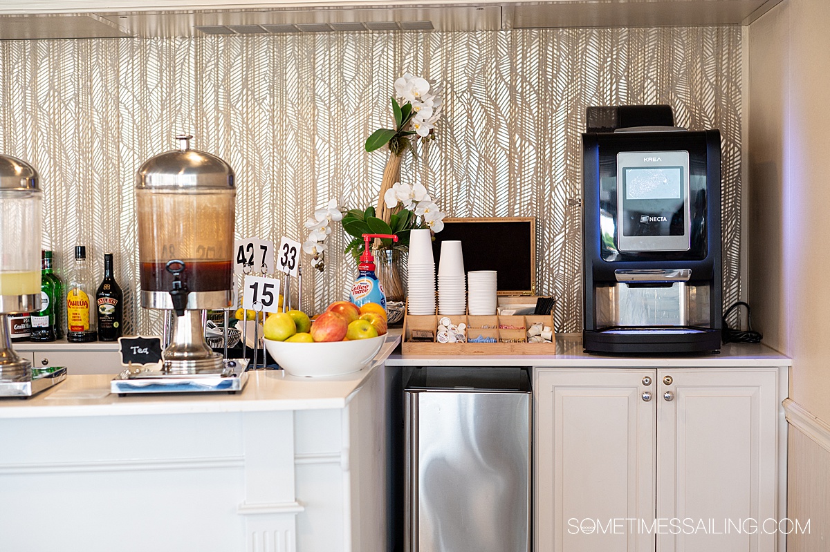 Coffee and tea station in the American Cruise Lines river cruise ship lounge.
