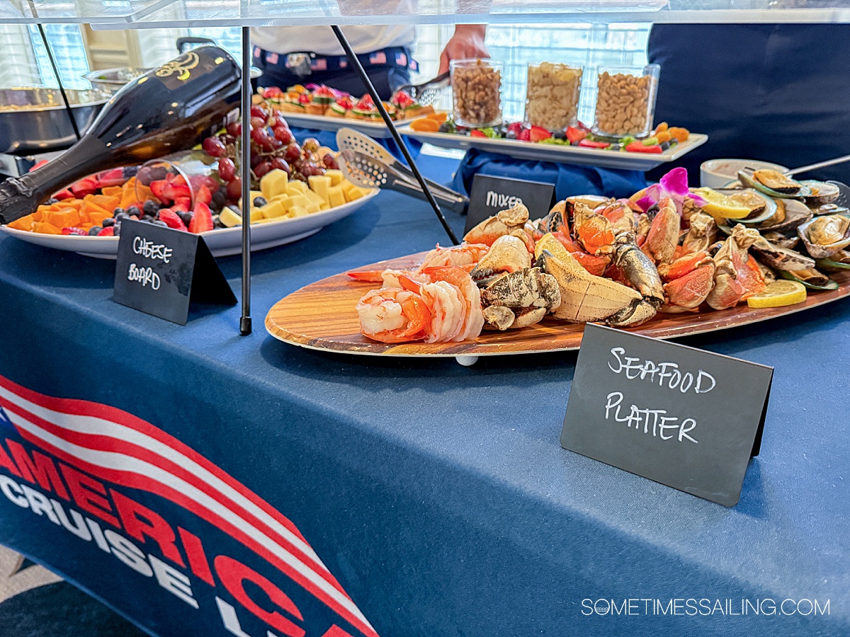 Seafood platter on a blue tablecloth.