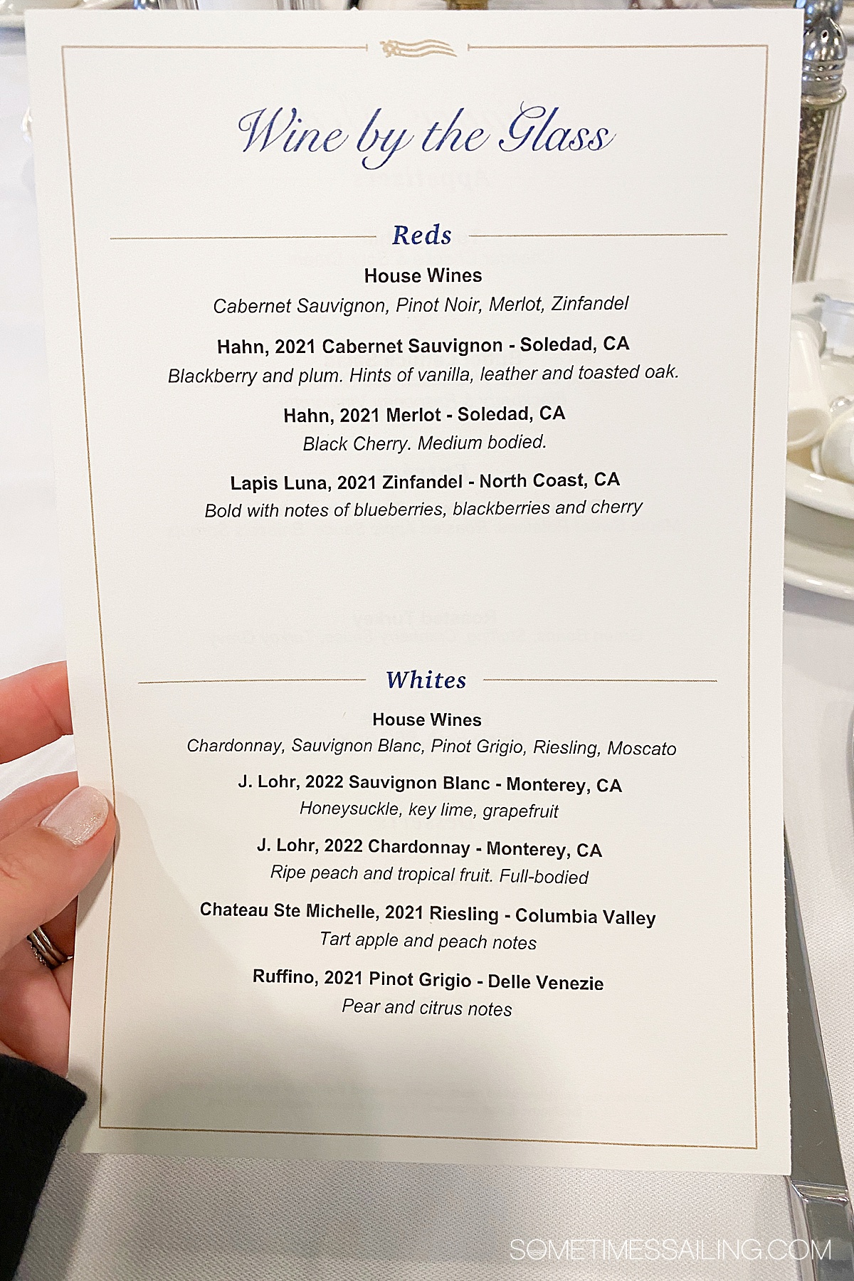 Menu of wines on American Cruise Lines