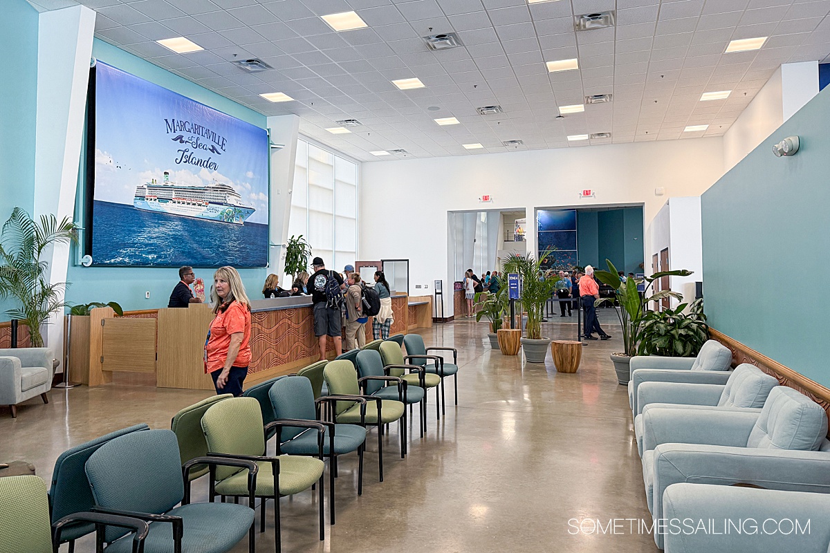 Port Tampa Bay boarding terminal for Margaritaville Islander at Sea with blue features.