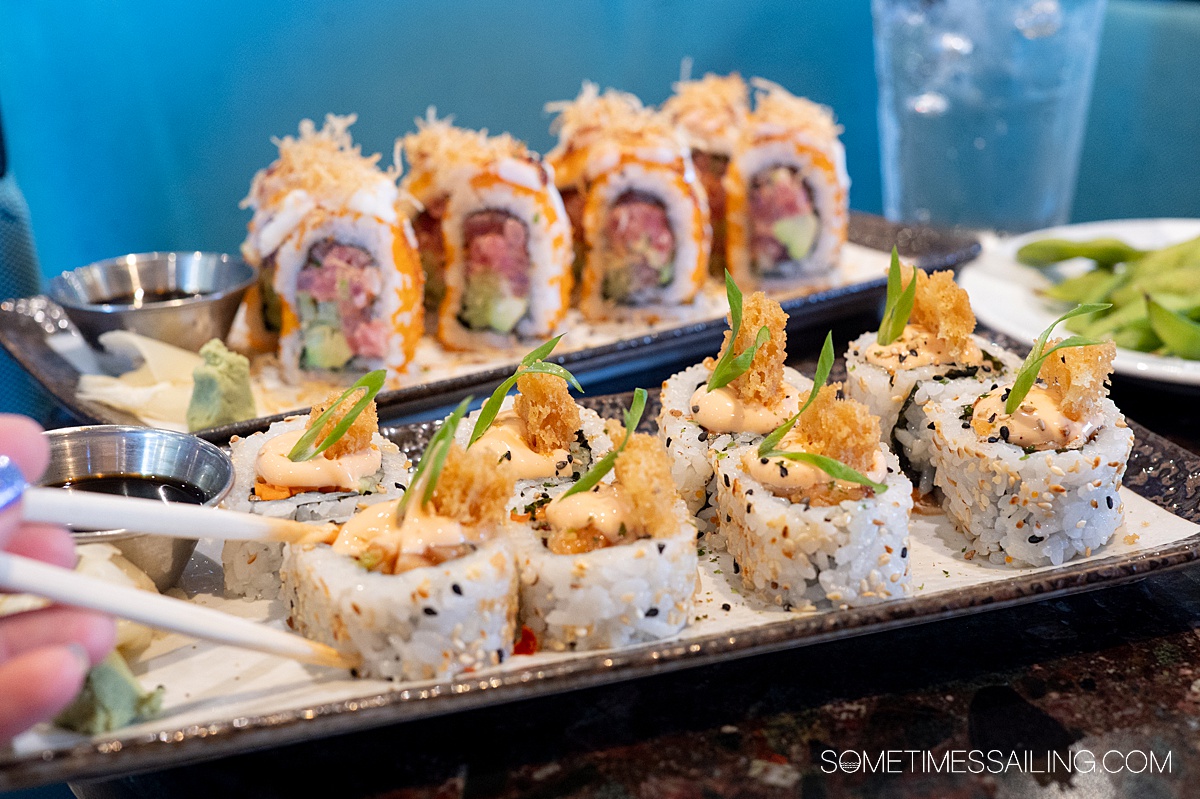 Maki sushi rolls on a plate with a hand holding chopsticks on the right.