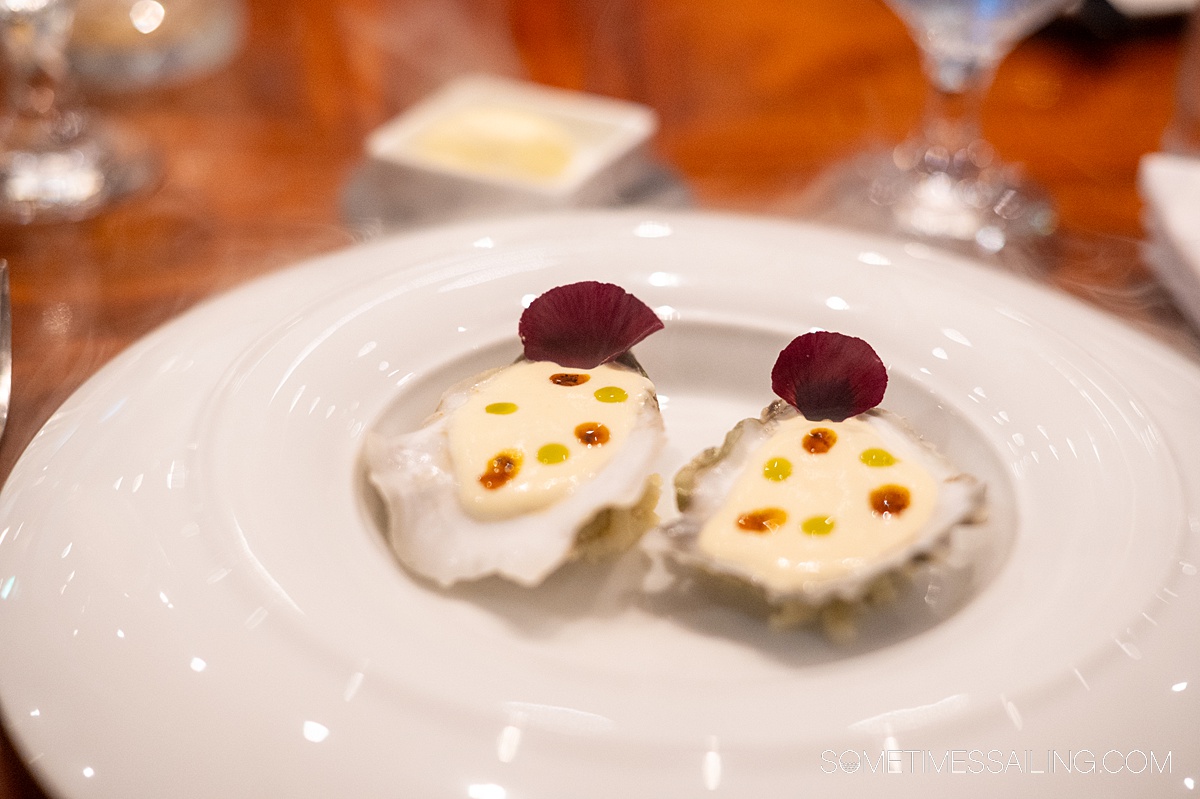 Oysters on the half shell on a white plate with a rose petal on each and dots of oil.