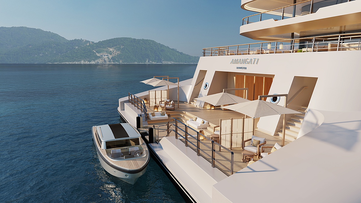 Rendering of the marina platform off the back of a luxury yacht, Aman at Sea Amangati