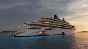 Rendering of Aman at Sea's Amangati yacht ship with light illuminating the ship's hull in the water at dusk.