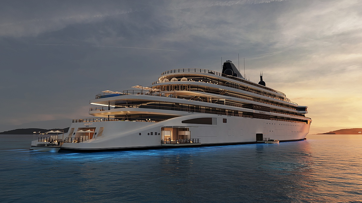 Rendering of Aman at Sea's Amangati yacht ship with light illuminating the ship's hull in the water at dusk.