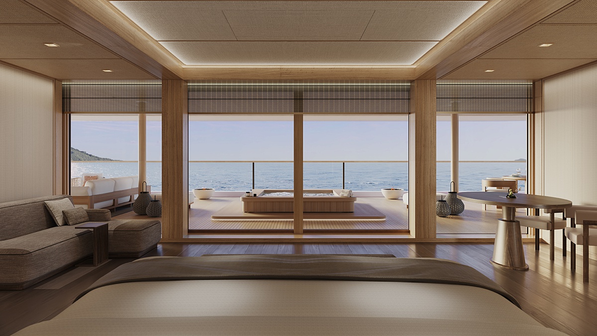 Looking out to the ocean from the interior of a luxury yacht, Amangati from Aman at Sea.