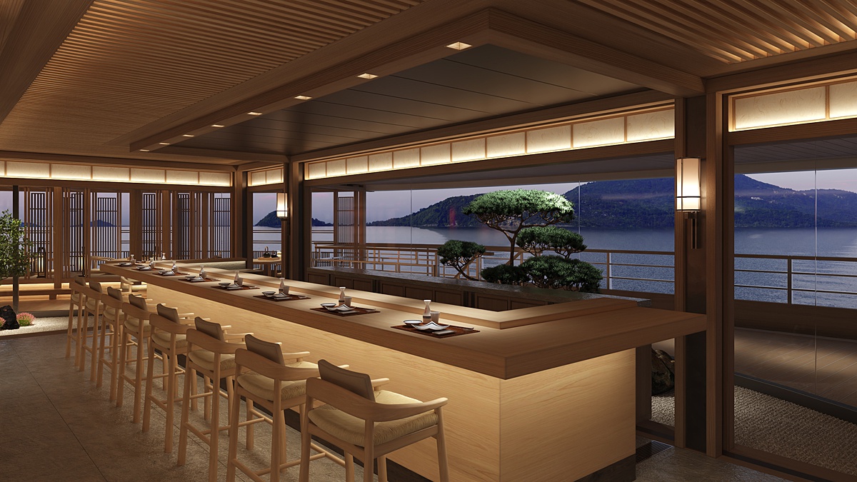Japanese restaurant and sushi bar on the luxury yacht, Aman at Sea's Amangati.