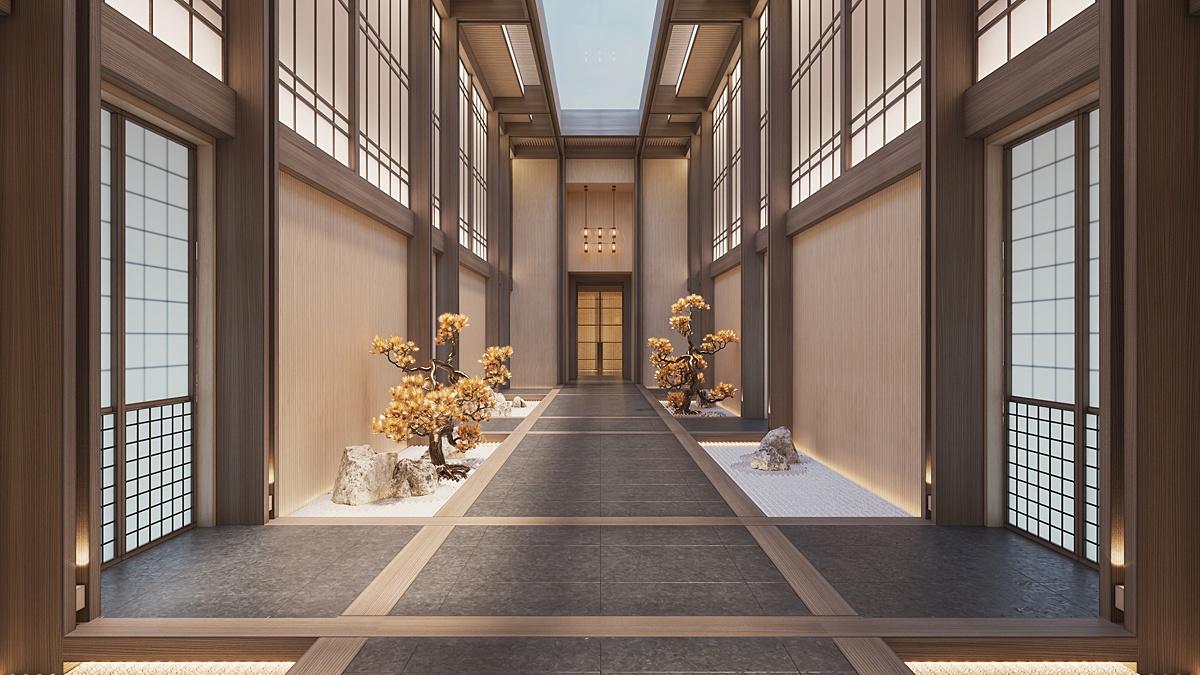 The interior hallway of the Amangati luxury cruise ship spa and wellness area with Japanese-inspired design.