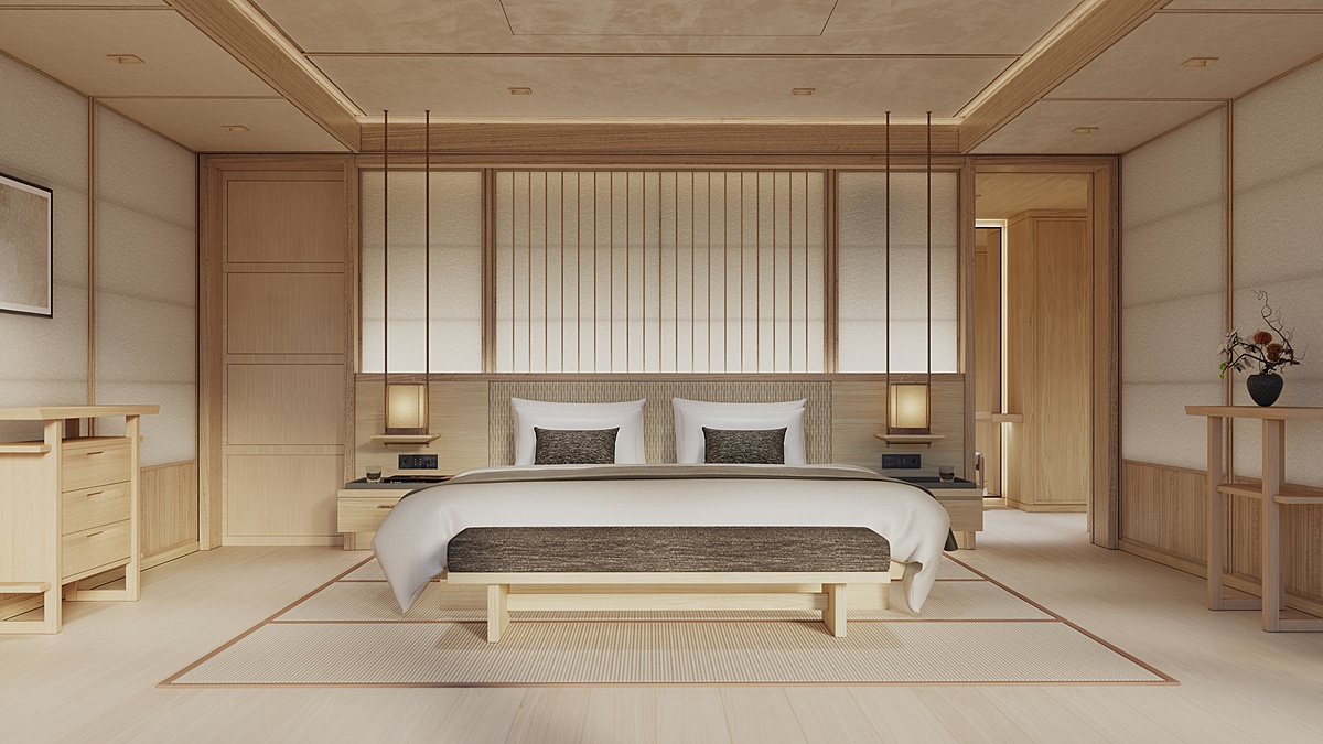 Interior of a Scandinavian-design inspired suite on a luxury yacht.