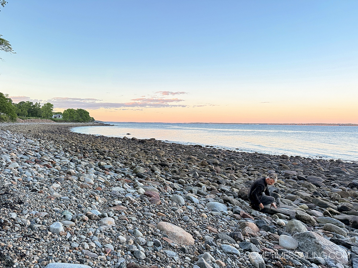 Rocky waterfront during sunset in Linconville, Maine
