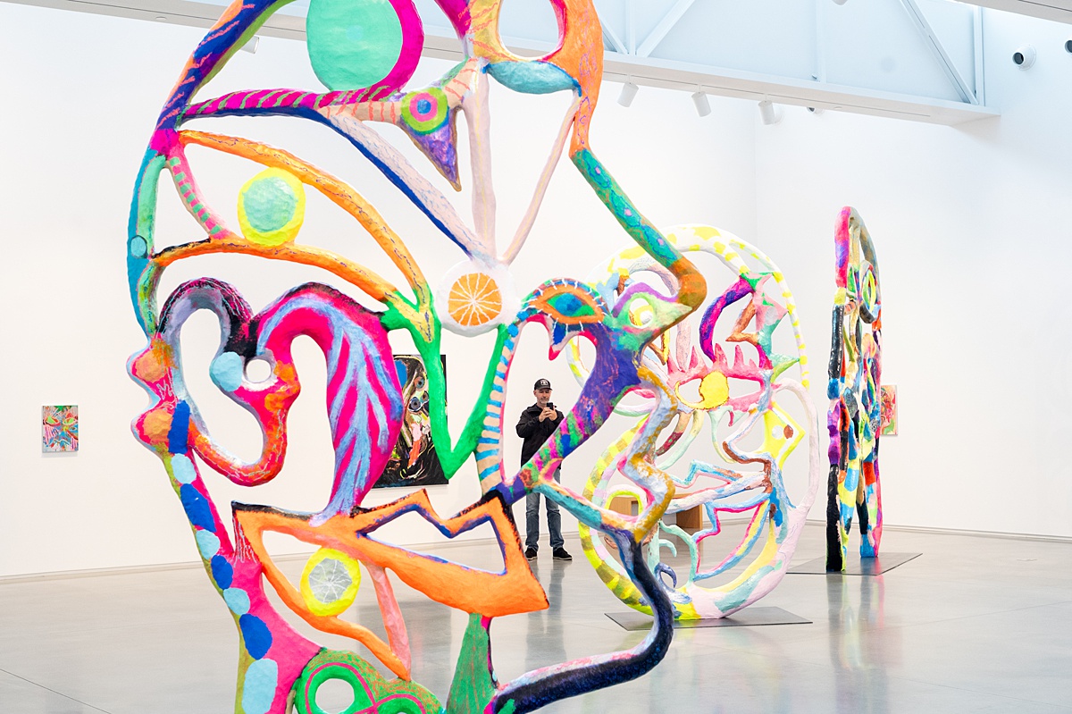 Colorful sculpture resembling a face at a museum in Maine.