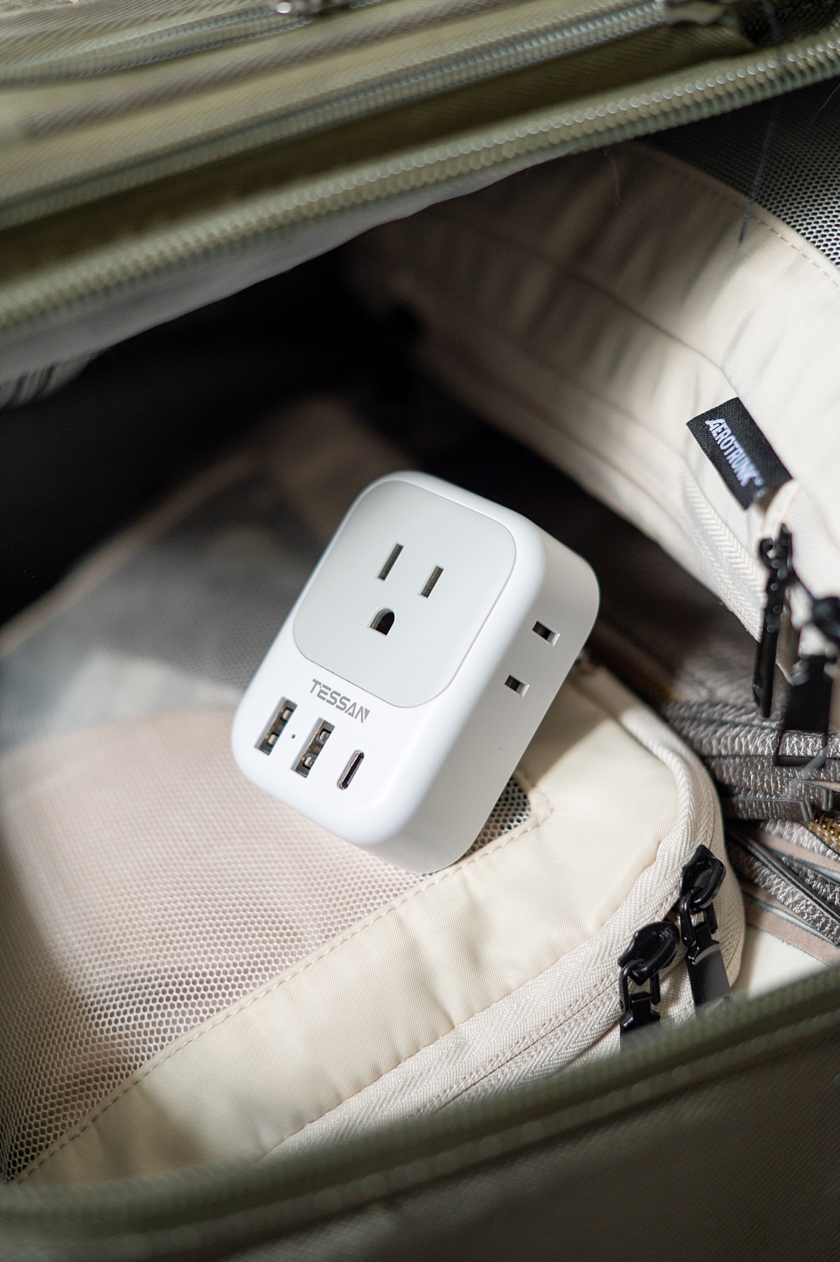 The front of a European travel adapter for river cruises.