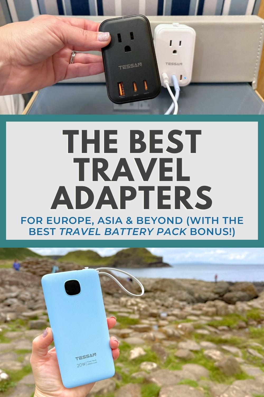 Best travel adapters Pinterest image with photos of electronics