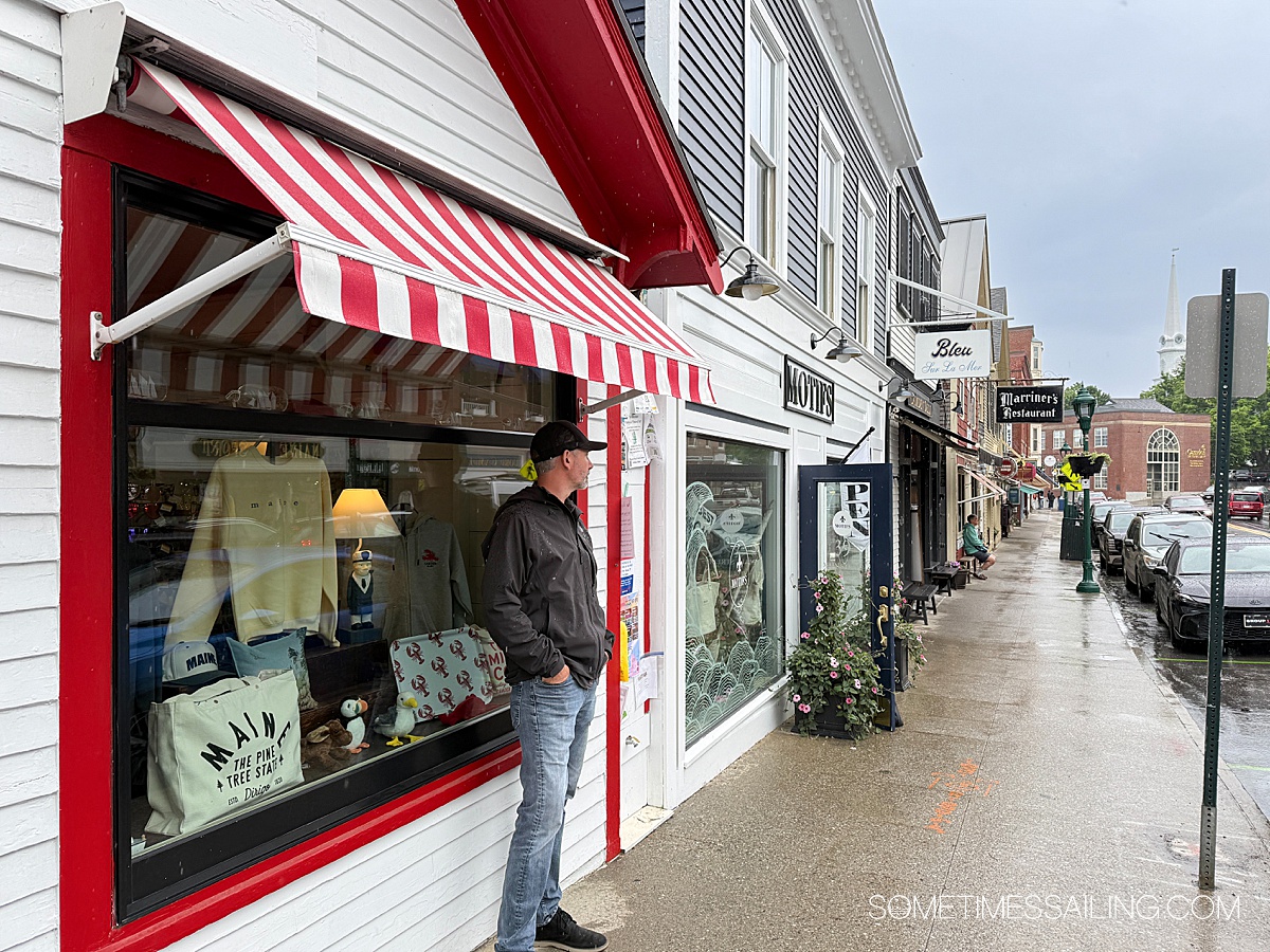Storefronts along a New England Main Street in Camden, Maine.