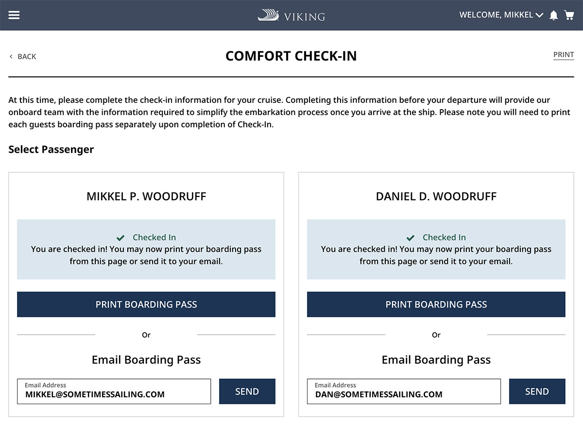 Boarding pass document options from My Viking Journey check-in process