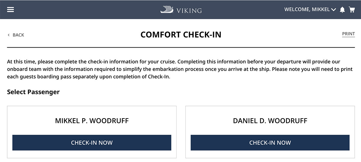 Comfort check-in options for My Viking Journey check-in process