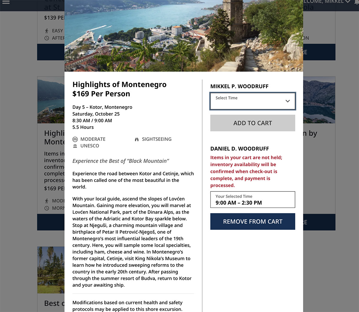screenshot of checking out for excursions for a Viking ocean cruise.