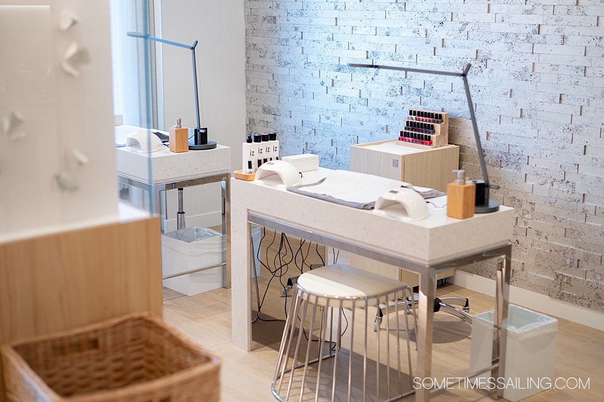 Brightly lit manicure desk on a Viking Ocean cruises ship.