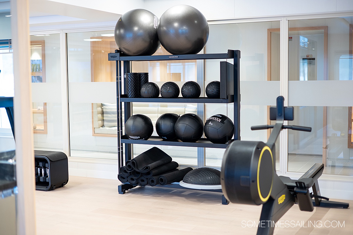 Workout equipment on a rack in the fitness center gym.