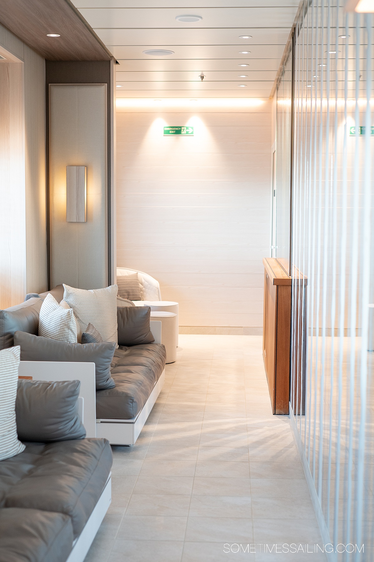 Couches inside the locker room of a spa.